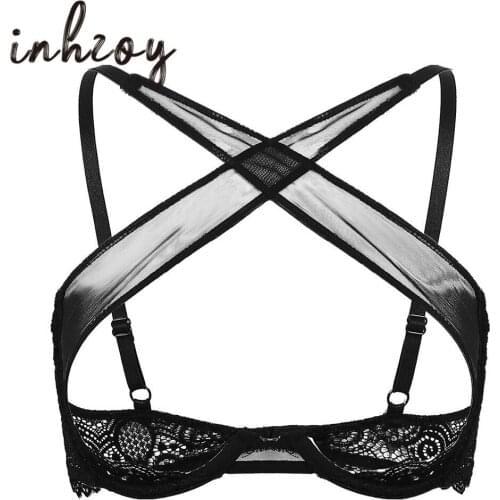 Women See Through Crisscross Mesh Lace Sheer Lingerie Underwired Push up Open Cups Bra Tops Female Transparent Erotic Underwear