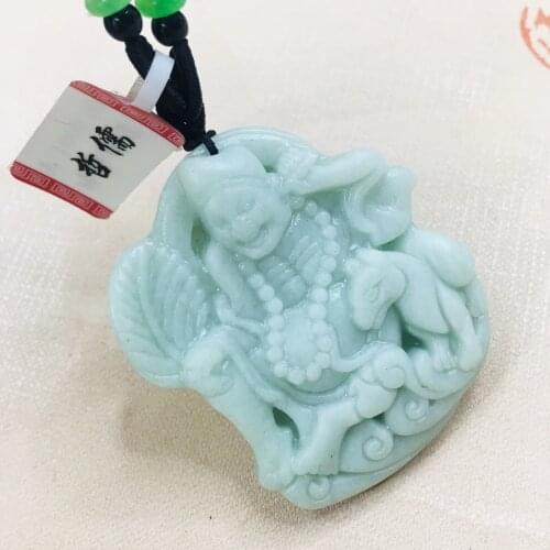 Zheru Natural Hetian Green Jade Carved Jigong Living Buddha Pendant with Wooden Bead Necklace Men and Women Sweater Chain