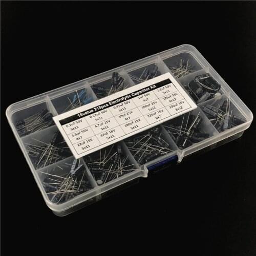 15values 215pcs 16V/25V/50V (0.1uF to 330uF) mix Electrolytic capacitor kit with a free storage box