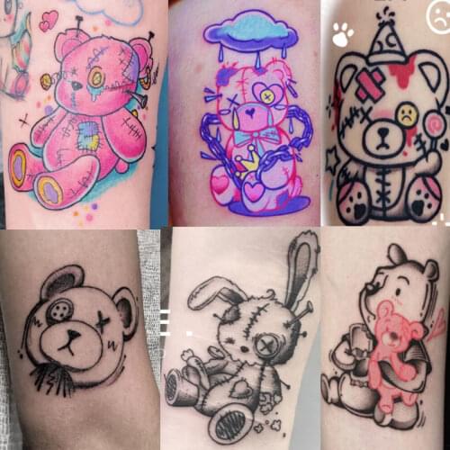 2pcs/lot Comic Cute Girl Tattoo bear flower Temporary Stickers Water Transfer Tattoo Women Body Chest Arm Art Tattoo Men Hand