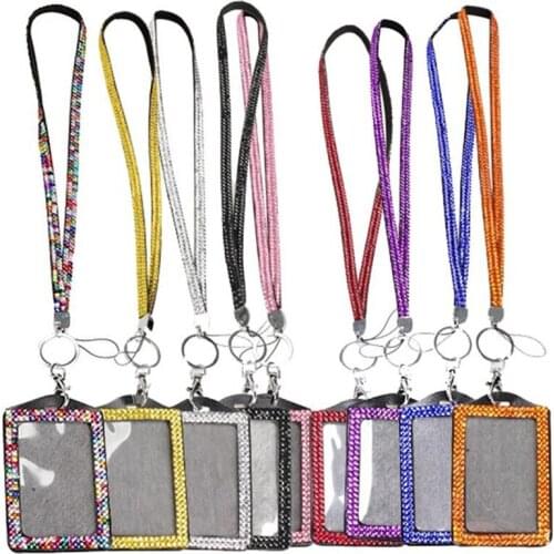 50pcs/lot Rhinestone Bling Lanyard with Vertical PU ID Badge Card Holder and Key Chain Fashion Phone Strap Free shipping