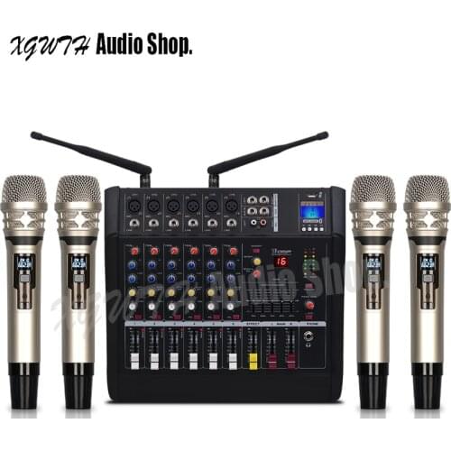 6 Channel Amplifier Mixer with 4 Wireless Handheld Microphone Dynamic Cardioid Mic Bluetooth USB 16 DSP Effect Mixing Console