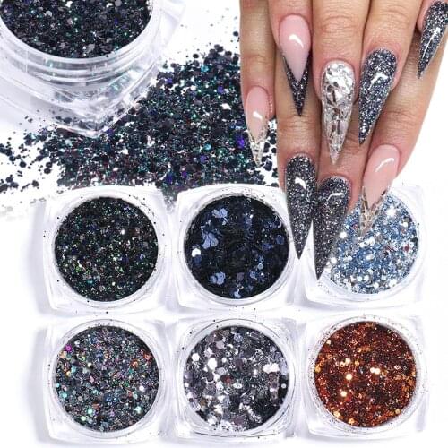6 Box Mix Black Glitter Nail Art Chrome Powder Flakes Set Shining 3D Hexagon Sequins For Winter Nail Design Decoration