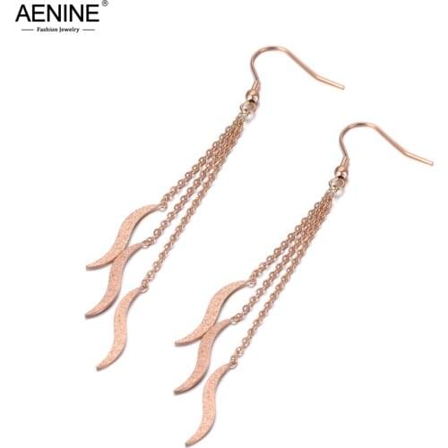 AENINE Fashion Bohemia Stainless Steel Geometric Tassel Earrings Rose Gold Long Chain Dangle Earrings For Women Girls AE19161