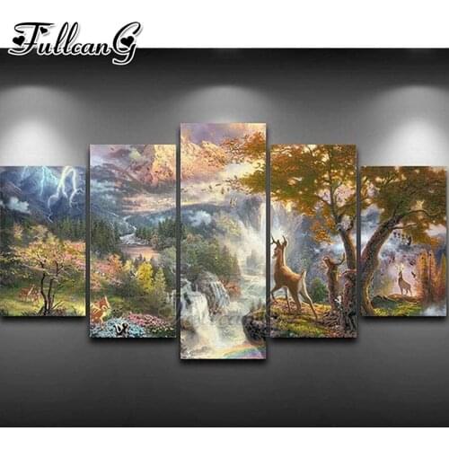 FULLCANG Landscape waterfall deer 5 piece diy diamond painting large full square round mosaic embroidery multi-picture FC2482