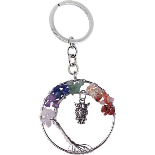 New Life of Tree Crystal Keychain Owl Chakra Stone Black Onyx llavero Rainbow Natural Wisdom key chain