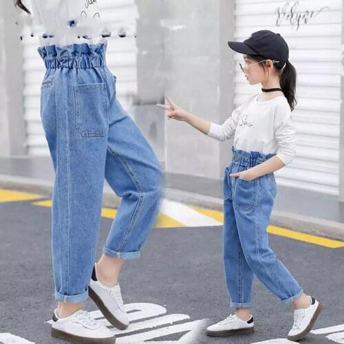 Spring Summer Baby Girls Jeans New Autumn High Waist Teenagers Girl Trousers Elastic Waist Denim Pants Students Pants