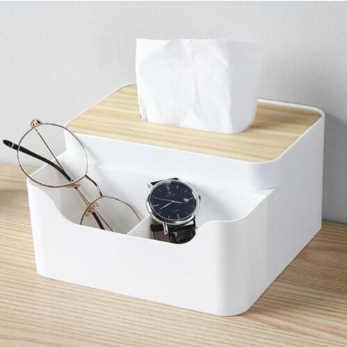 Hot Sale Pratical Home Desktop Tissue Box Multi-Function Living Room Bamboo Wood Lid Paper Holder Box Remote Control Storage Box