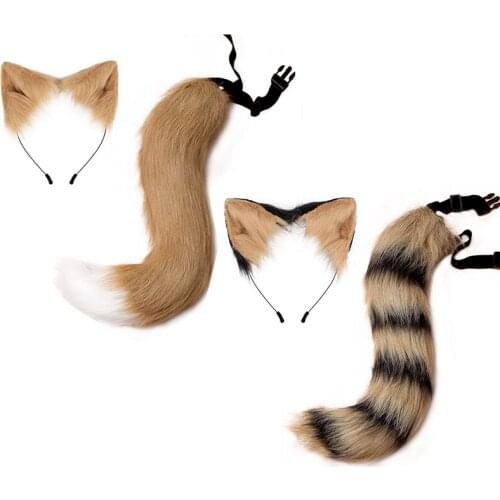 Imitation Fox Tail Furry Wolf Fox Ear Headband Plush Adjustable Cosplay Carnival Halloween Costume for Women Dance Party Dress