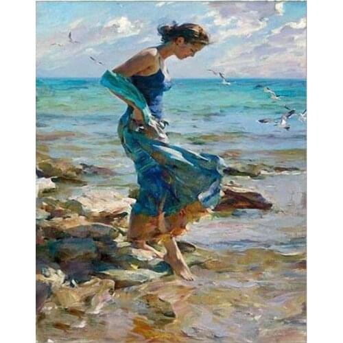 Painting By Numbers DIY Dropshipping A girl in a blue dress by the sea Figure Handmade Gift For Adult Unique Gift Home Decor