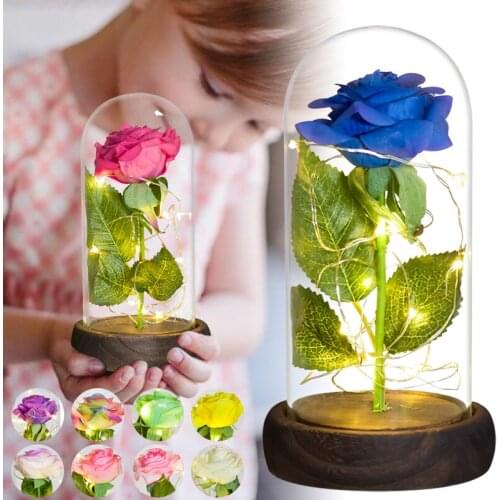 Beauty and The Beast Red Rose In Glass Dome Artificial Flowers LED Light Lamp for Wedding Valentines Gifts Christmas Birthday