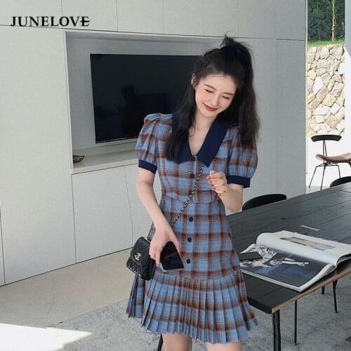 Summer New Women Plaid Slim Pleated Vintage Jupe Dress Fashion Casual Street Single-Breasted Puff Sleeve Draped Short Vestidos