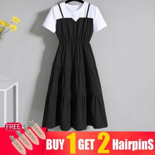 2021 womens dress plus size fake two summer plump girl slim dress college style short sleeve soft and comfortable dresses