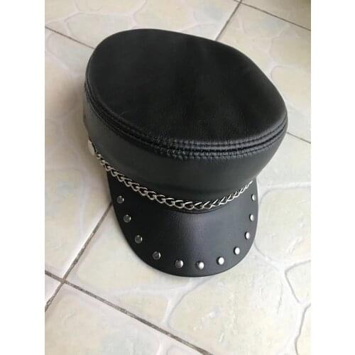 Genuine Leather Motorcycle Hat Real Cowhide Military Hats For Men Women Hip-hop Caps Punk Flat Cap Unisex