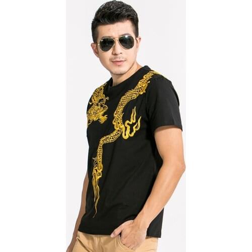 Chinese Style Mens Fashion Trend Casual Summer Half-Sleeved Nightclub Plus Size Boys Clothes Dragon Embroidery Ethnic t-Shirt