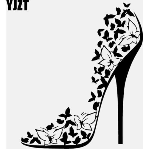 YJZT 13.6CM*16.2CM Vinyl Decal Sexy High Heel Shoes Stiletto Butterflies Car Stickers Black/Silver C24-0390