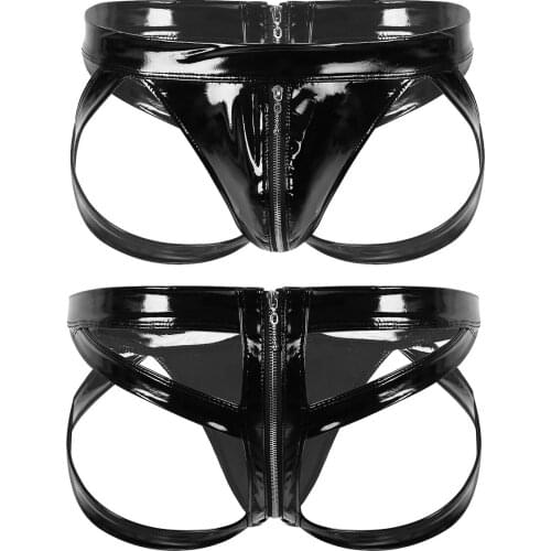 Sexy Mens Lingerie Underwear Wet Look Patent Leather Briefs Open Butt Hollow Out Jockstraps Double-ended Zipper Nightwear
