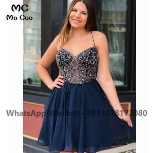 Ball Navy Dark Blue Homecoming dress Short Crystals Spaghetti Straps Chiffon Cocktail party dress short homecoming dress