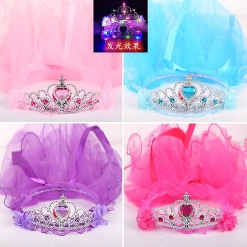 Led Glowing Princess Crown Birthday Party Hair Accessories With Gauze Yarn Girls Kids Favor Luminus Headdress