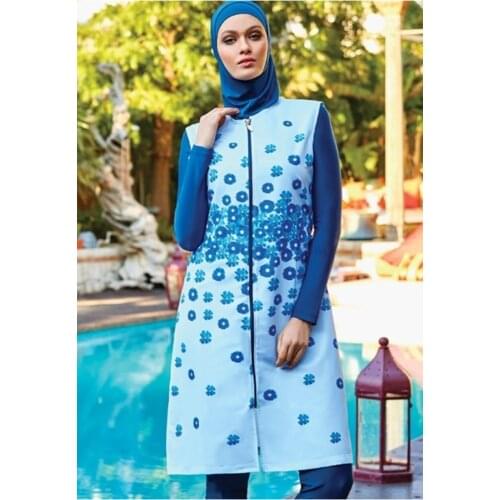 Navy blue-white Blue Floral Vest Hijab Swimwear Turkish' Muslim Swimsuit Burkinis Modest Clothing Islamic Long Sleeves Hijab F