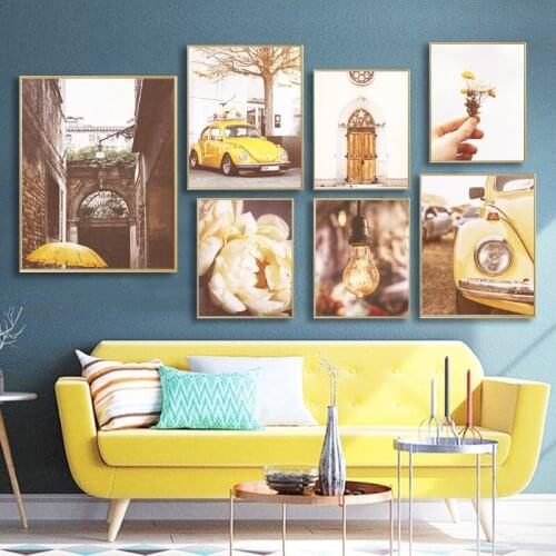 Yellow Car Photo Poster Vintage Urban Streetscape Canvas Painting Prints Peony Flower Gallery Wall Art Picture Living Room Decor