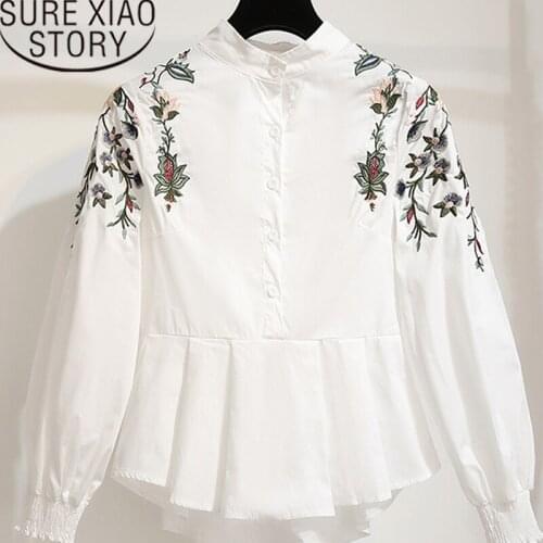 Korean fashion clothing 2021 womens tops blouses white shirt clothing long sleeve shirts ladies tops Embroidery Stand 2807 50