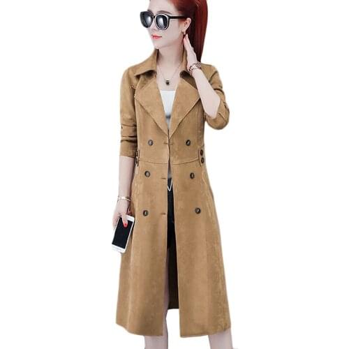 2021 New Womens Long Windbreaker Spring Autumn Windproof Overcoat Double breasted Casual Thin Deerskin Fleece Trench Coats 3XL