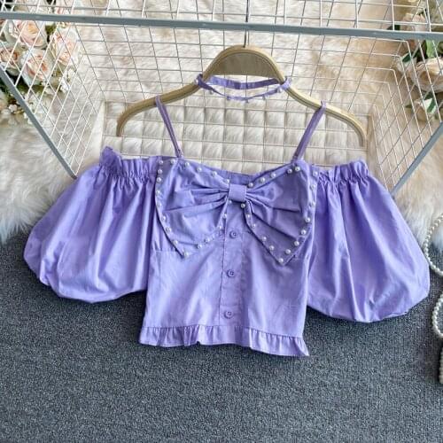 Summer new bow short tops women One word collar self-cultivation temperament commuting tops for women 2021