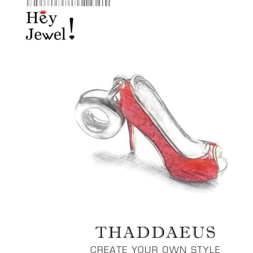 Red Shoe Open Toe Pump Charm Beads Bead Fit Bracelet Pure 925 Sterling Silver European Karma Jewelry Pumps Gift for Women