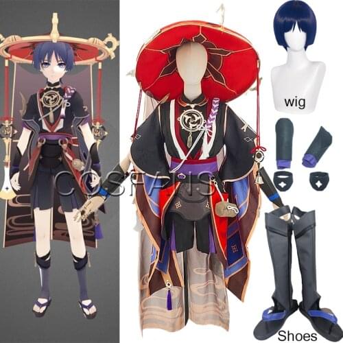 Anime Genshin Impact Scaramouche Game Suit Batlle Outfit Uniform Party Dress Cosplay Costume Halloween Women Wig and shoes Props