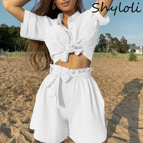 Shyloli European And American 2 Piece Suit 2021 Womens Solid Color Single Breasted Short Sleeved Shirt With Straps Fashion