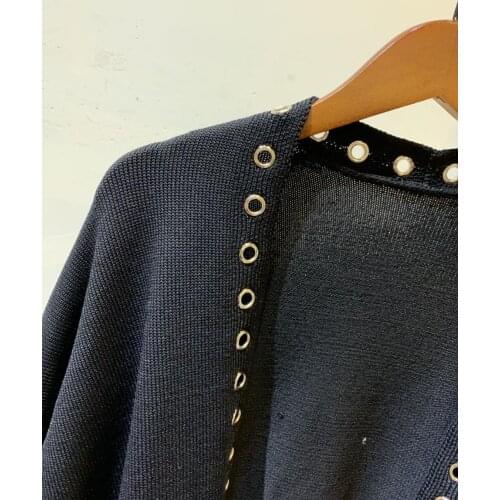 Women Black V-neck Knitted Cardigan Long Sleeve Metal Holes Decoration Female Loose Outwear Pockets Coat Top Autumn Winter 2021