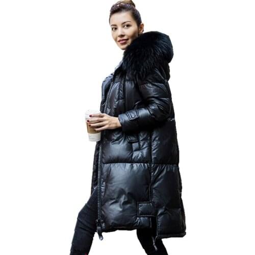 Winter Down Jacket Women Natural Raccoon Fur Collar Hooded Genuine Leather Jackets 2020 Warm Real Sheepskin Coat V162LP