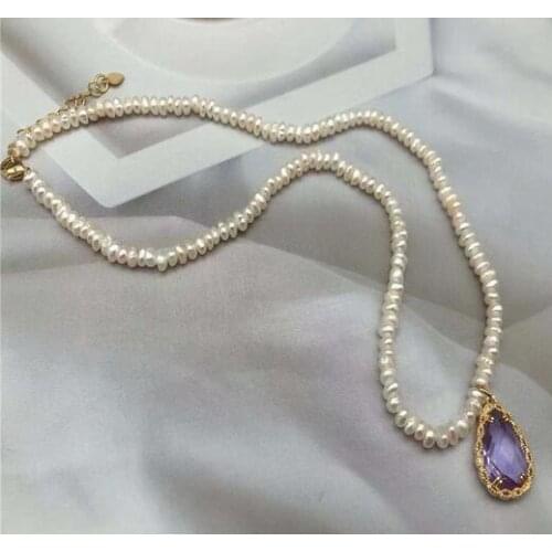 Original design jewelry 100% Natural freshwater pearl Necklace Purple Crystal pendant chain for women