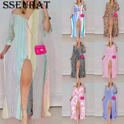 SSEURAT Autumn Long Sleeve V-neck Print Shirt Dress Sexy Split Lady Party Loose Dress Vestidos