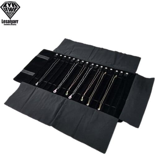 16 Bits Black Velvet Jewelry Roll Bag Gray Pendant Bracelet Storage Bag Necklace Display Suitcase Rubber Band Jewellery Case
