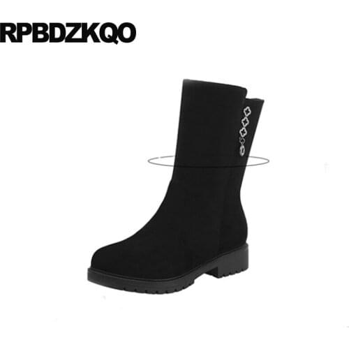 2019 Winter Round Toe Block Ankle Short Black Big Size Chunky Side Zip Boots Low Heel Fur Ladies Suede Brand Women 10 Shoes Plus