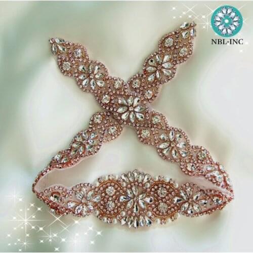 30pcs) Wholesale hand beaded bridal sash iron on rose gold crystal rhinestone appliques for wedding dresses sash belt WDD0414