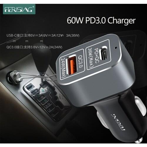 FERISING 60W PD3.0 Car Charger Quick Charge QC 4.0 3.0 USB C Charger Type C Fast Charging For iPhone iPad MacBook Laptop Xiaomi