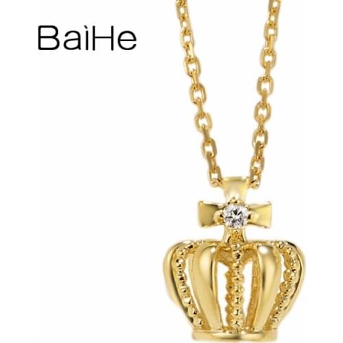 BAIHE Solid 18K Yellow Gold 0.03ct Natural Diamond Wedding Women Trendy Jewelry Elegant unique Exquisite Crown Diamond Necklaces