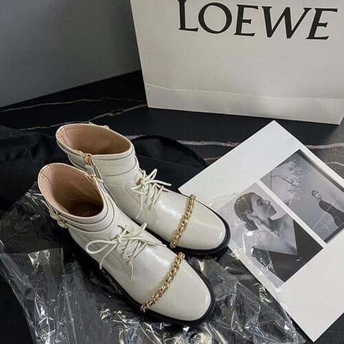 Osunlina 2021 New Flat Boots Round Toe Low Heels Genuine Leather Lace Up Handmade Buckle Metal Chain Design Zipper Ankle Boots