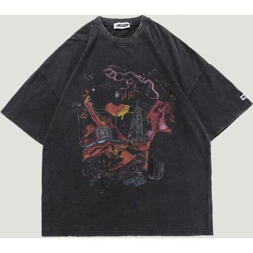 Streetwear Hip Hop Mens Graphic Printed T Shirt Distressed Washed Oversize Short Sleeve T-Shirt 2021 Spring Summer Couples Tops