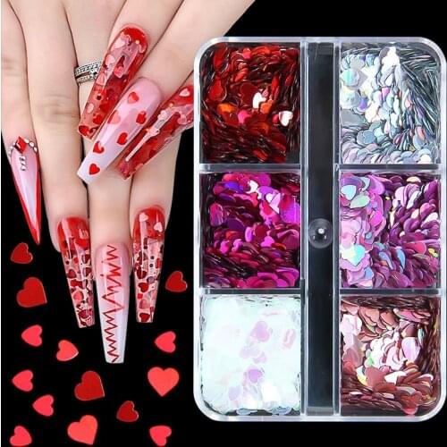6 Grids Holographic Sweet Love Heart Shape Nail Glitter Sequins 3D Laser Mixed Flakes Paillette Manicure DIY Nail Art Decoration