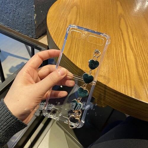 Creativity DIY Fluffy Metal Heart Bracelet Case For Samsung Galaxy Z Flip/ Flip 3 Protective Shockproof Transparent Case