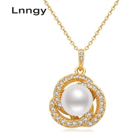 Lnngy 14K Gold Filled Pendant Necklace 9.5-10mm Natural Freshwater Pearl Fashion Flower Chain Necklace Women Anniversary Gifts