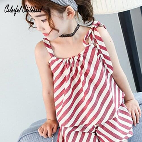 Fashion High Quility Baby Clothes Red Striped Suspenders Top+Shorts Kids Clothes Sets Clothing for 4-12 yrs girls