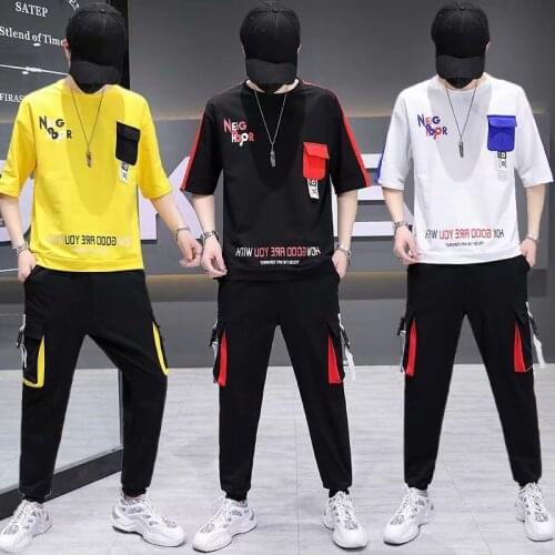 Mens Sets Short Sleeve T Shirt+Elastic Waist Trousers Korean Fashion Mens Clothing Sets Streetwear Two Piece Set Tracksuit Men