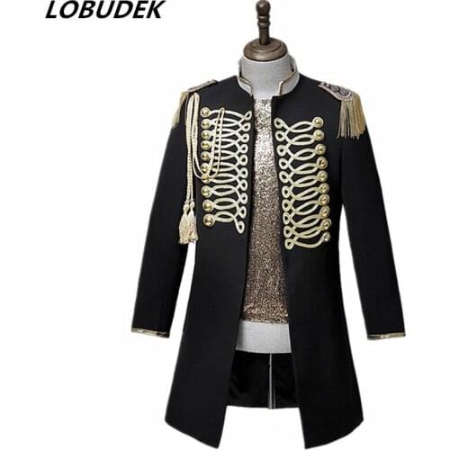 Mens Golden Rope Button Tassel Epaulet Blazer Nightclub Bar Singer Magician Host Stage Performance Punk Long Coat Costume 3XL