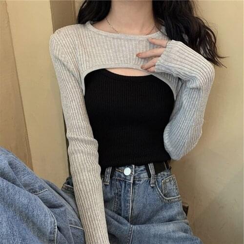 Y2K E-girl New Autumn Women Solid Sweater O-Neck Cropped Sweater Pullover Crop Top Super Cropped Sweaters Shirts For Female