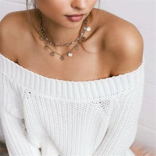 New Fashion Vintage Transparent Crystal Gold Circular Sequins Chain Necklaces For Women 2021 Female Collar Multilevel Jewelry